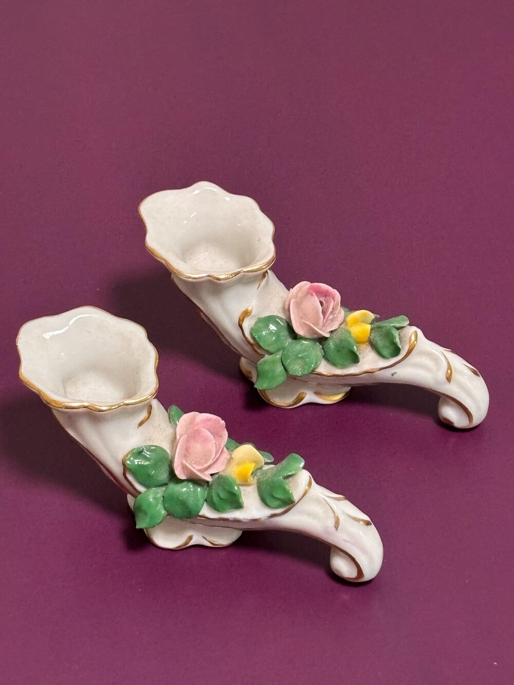 Lot of 2 Vintage Dresden Porcelain Pink Rose Floral Horn Vase Posy Flower
